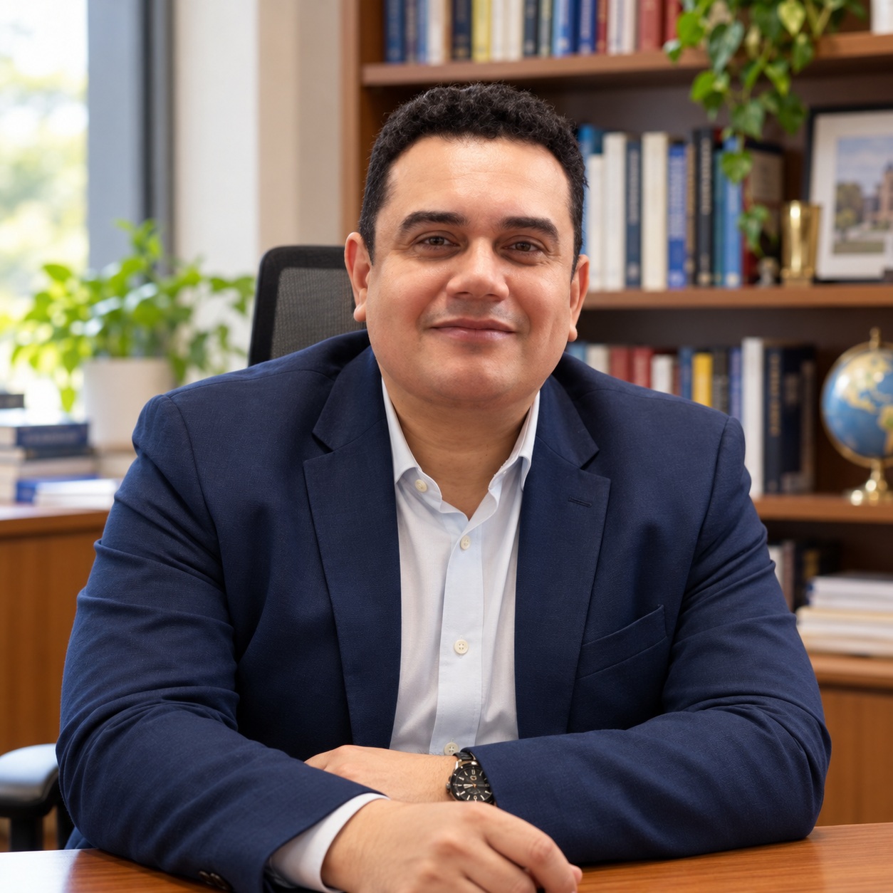 Professor Carlos Moraes sentado à mesa em uma biblioteca